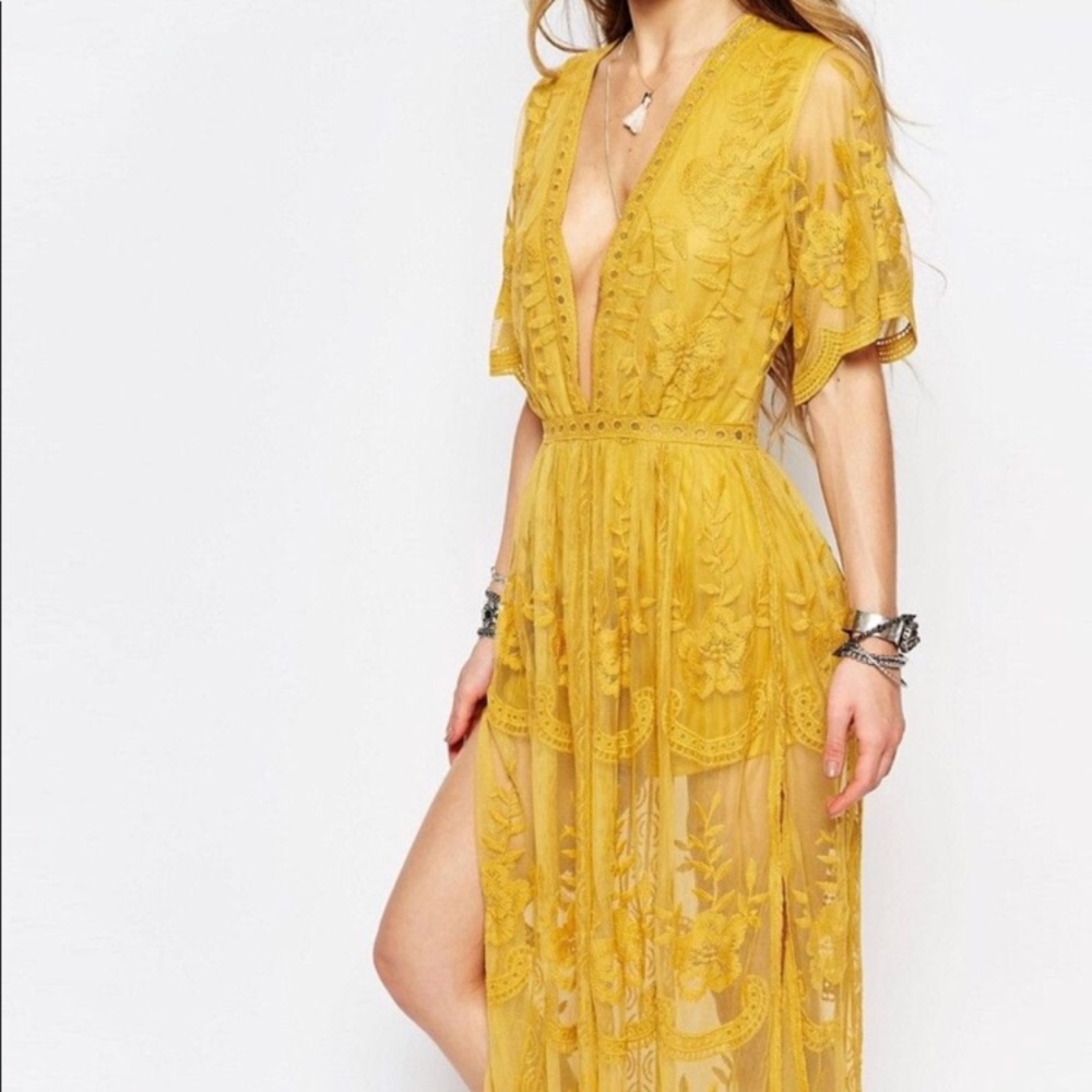 Honey Punch Chloe Mustard Yellow Lace Maxi Romper Dress Boho Festival
